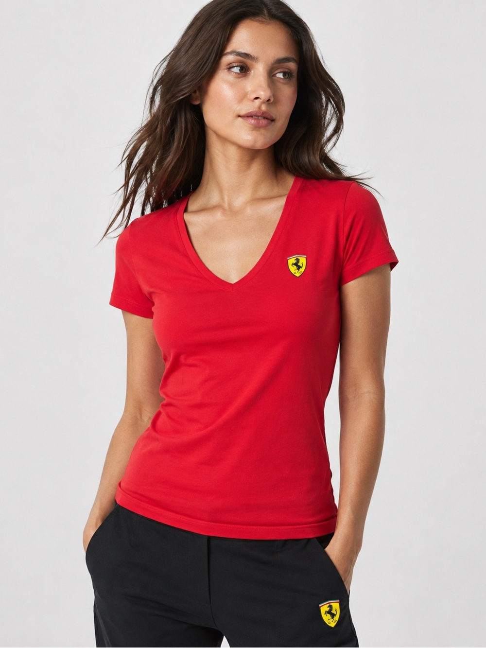 Scuderia Ferrari Women's Red V-Neck Logo Tee